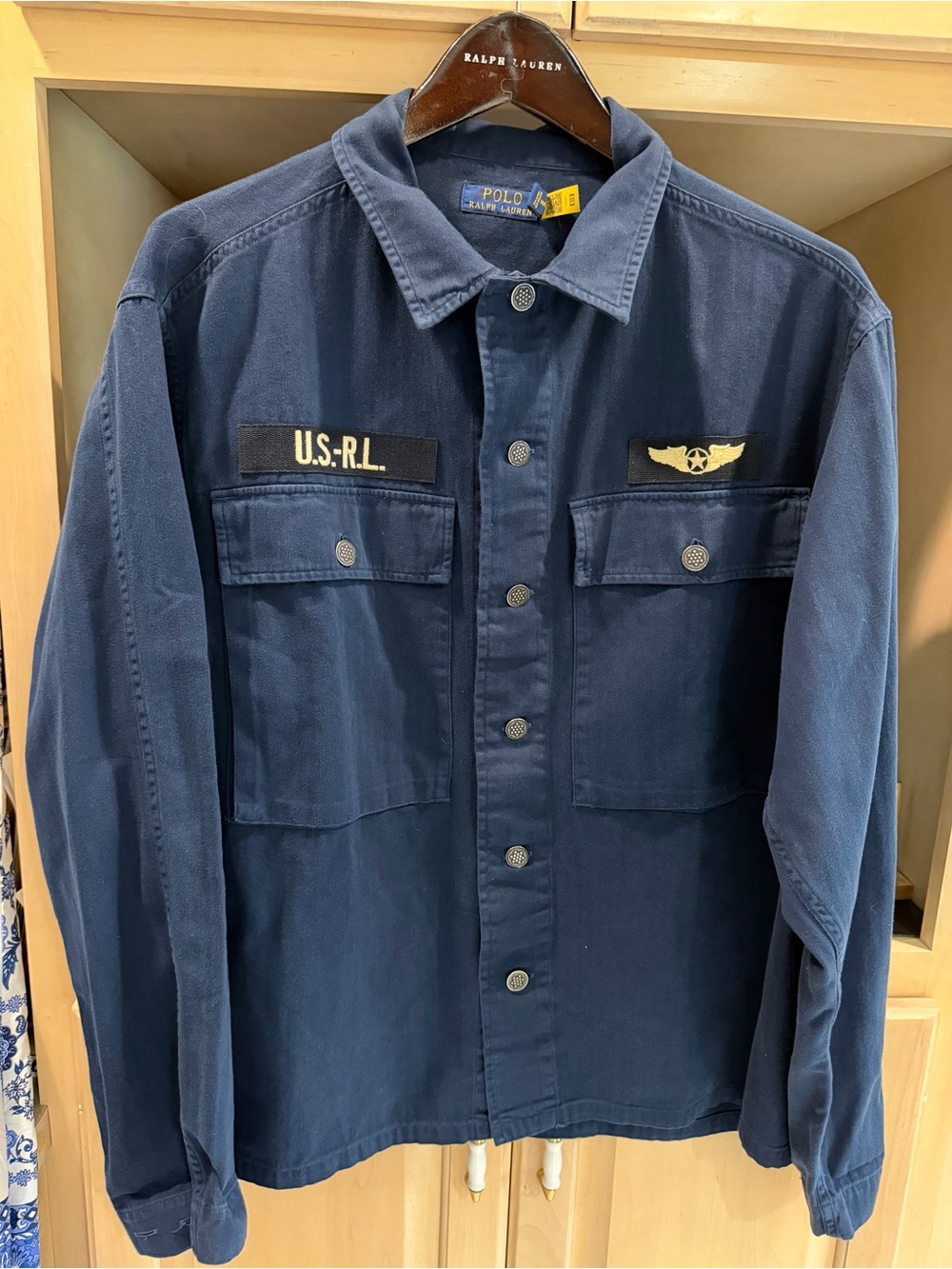 Polo by Ralph Lauren Navy Blue Military Patch Button-Front Jacket Sz. Large